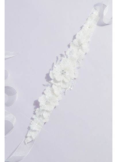Dimensional Cotton Lace Floral Sash with Crystals - Wedding Accessories
