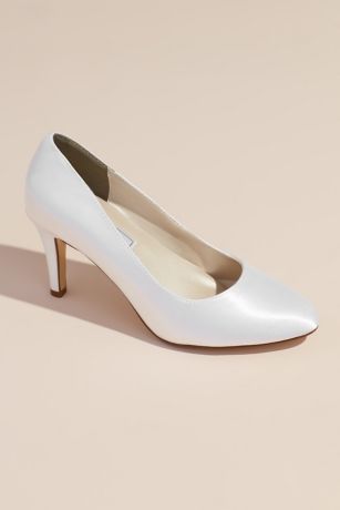 white satin closed toe heels