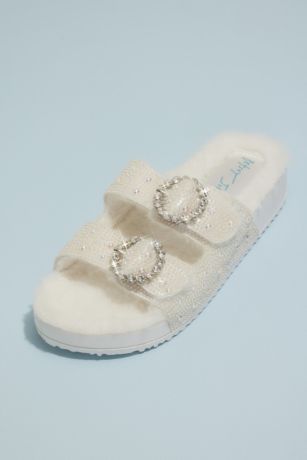 Betsey Johnson x DB Blue;Ivory Flat Sandals (Shearling Jeweled Slide Sandals)