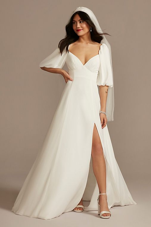 DB Studio Bubble Sleeve Georgette V-Neck Wedding Dress