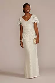 DB Studio Lace Flutter Sleeve Draped Sheath Wedding Gown