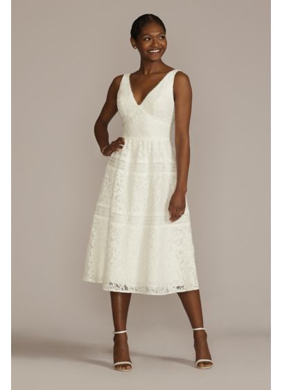 Midi-Length Lace V-Neck Dress with Banded Trim - A full midi-length skirt is a beautiful option