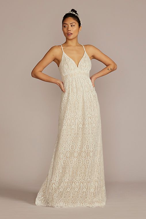 DB Studio Allover Lace V-Neck Wedding Dress with Open Back