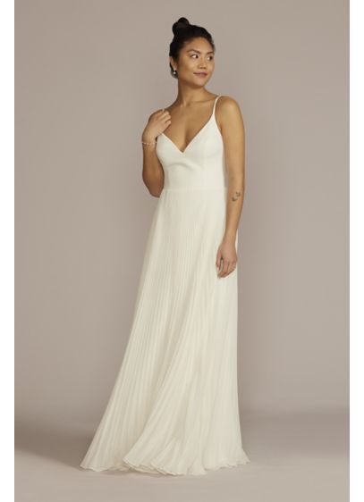 Pleated Spaghetti Strap A-Line Wedding Dress - A modern pleated skirt elevates the classic A-line