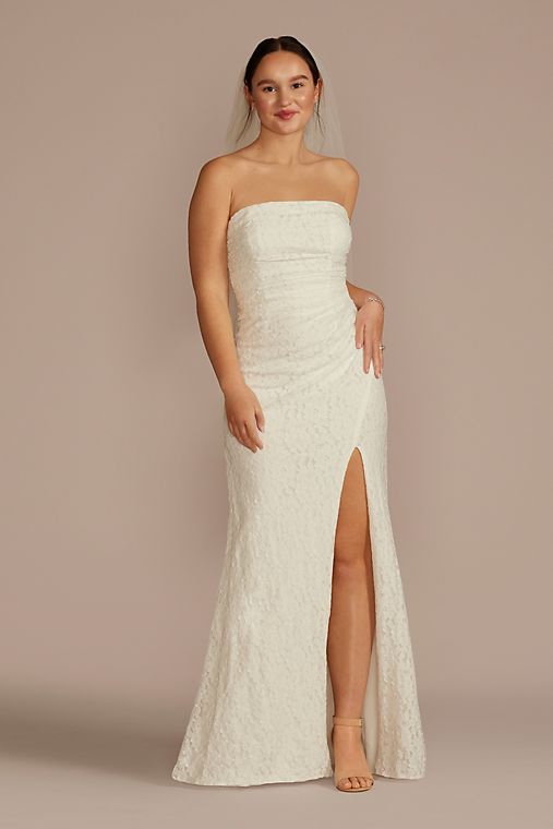 DB Studio Allover Lace Strapless Sheath Wedding Dress