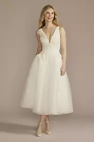 DB Studio Tea-Length Plunging Neckline Lace Wedding Dress