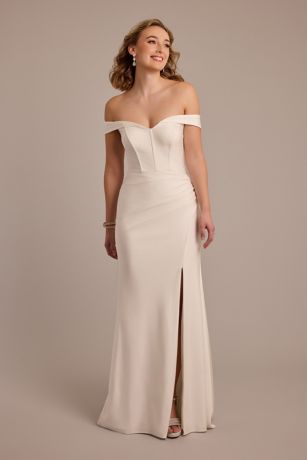 DB Studio Off-The-Shoulder Sculpting Satin Wedding Dress in Soft White Size: 14 David's Bridal