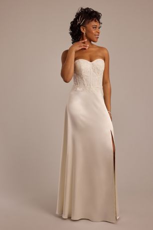 Picture of Lace Appliqued Strapless Charmeuse Wedding Dress