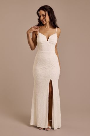 Picture of DB Studio V-Notch Glitter Lace Sheath Wedding Dress in Soft White Size: 0 David's Bridal