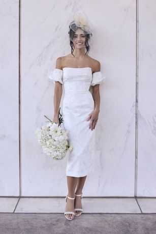 Picture of DB Studio Jacquard Midi Dress With Removable Sleeves in Soft White Size: 2 David's Bridal