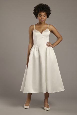 Picture of DB Studio Satin Drop Waist Spaghetti Strap Midi Dress in Soft White Size: 14 David's Bridal
