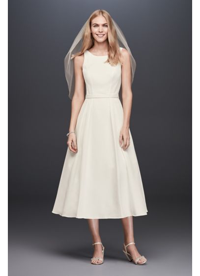 Faille Tea Length A Line Dress with Pockets David s Bridal Faille Tea Length A Line Dress with Pockets David s Bridal