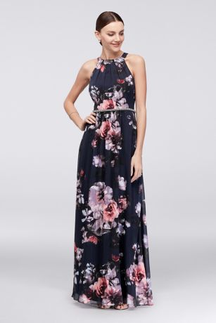 floral print chiffon halter dress with beaded belt