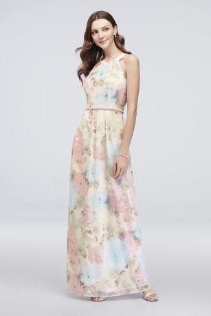 floral print chiffon halter dress with beaded belt