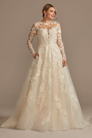 Oleg Cassini Lace Illusion Long Sleeve Ball Gown Wedding Dress in Solid Ivory Size: 4 David's Bridal