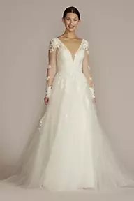 Oleg Cassini Embroidered V-Neck Wedding Dress with Tulle Skirt