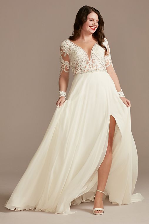 Galina Signature Applique Illusion Chiffon Plus Size Wedding Dress