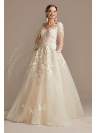 Lace and Tulle Long Sleeve Ball Gown Wedding - Delightfully alluring, the lace-appliqued, semi-sheer bodice of this