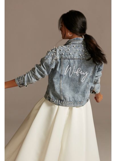 Wifey Pearl and Crystal Studded Denim Jacket - Wedding Gifts & Decorations