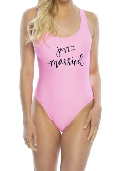 Just Married One-Piece Swimsuit - Get ready to dive in! This scoopneck, high-cut