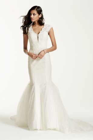  Plunging  V Neck  Wedding  Gown  with Tiered Skirt David s 