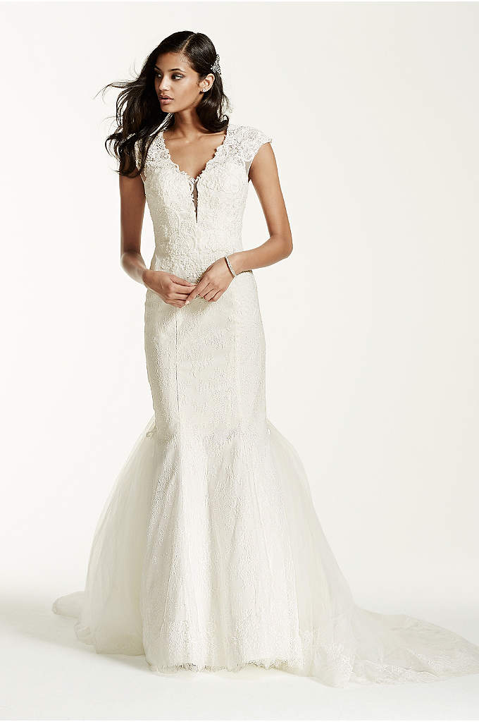 Plunging V Neck Wedding Gown with Tiered Skirt David s Plunging V Neck Wedding Gown with Tiered Skirt David s