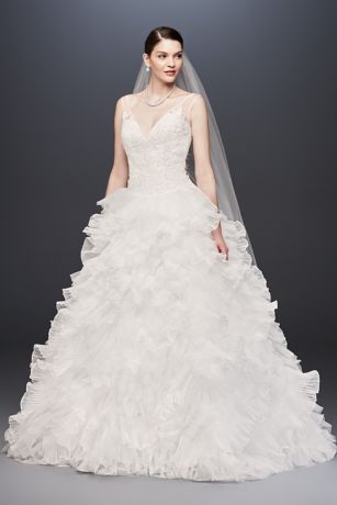 Plunging V Neck Wedding  Gown  with Tiered Skirt David s 