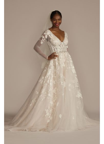 Illusion Sleeve Plunging Ball Gown Wedding Dress David s Illusion Sleeve Plunging Ball Gown Wedding Dress David s