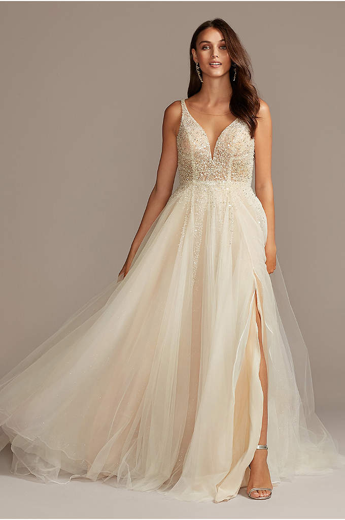 Beaded Bodice Plunging V Illusion Wedding Dress David S Bridal