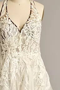 Galina Signature Floral Applique Open Back Bodysuit Wedding Dress
