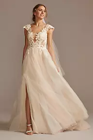 Lace Two Piece Long Sleeve Wedding Dresses Blush Pink Beach Wedding  Dress,MW496