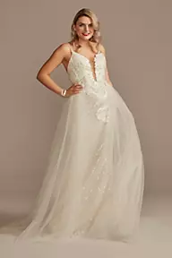 Galina Signature Sequin Applique Wedding Dress with Removable Train