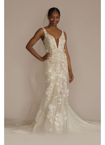Charming 3D Floral Tulle V Neck Wedding Dresses White/Ivory Sheer Bridal Gown 