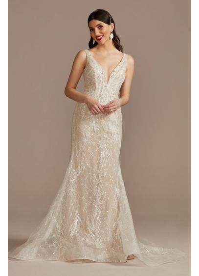 Horsehair Trim Beaded Lace Low Back Wedding Dress - Covered with 7,000 beads, this sequin and lace