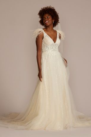 Picture of Floral Sequin Feathered Wedding Dress