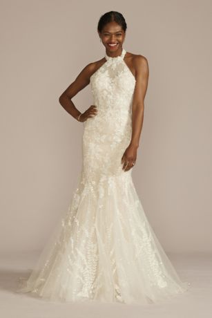 Galina Signature Beaded Lace High Neck Halter Mermaid Wedding Dress in Ivory/Stone Size: 0 David's Bridal