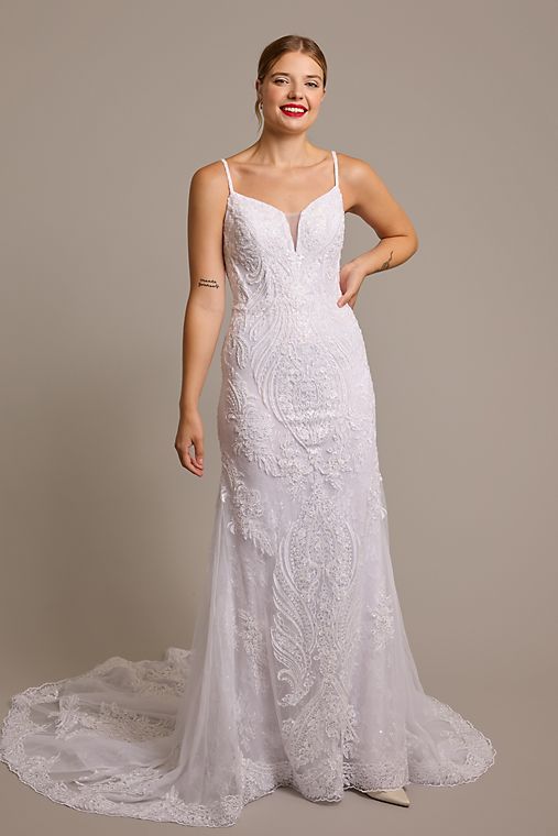Galina Signature Strappy Allover Beaded Lace Mermaid Wedding Dress