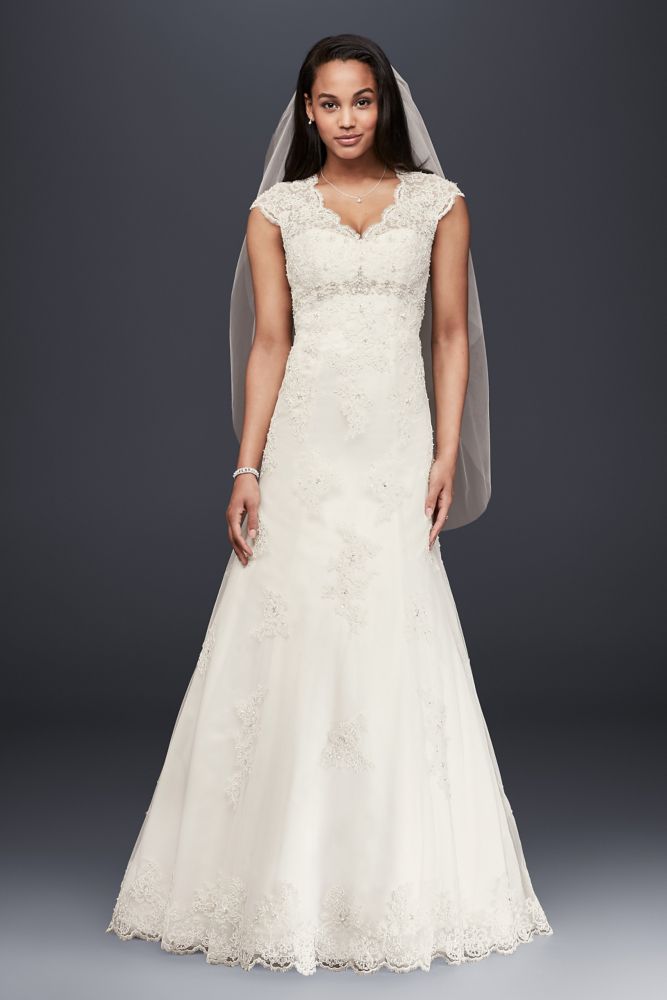 David's Bridal Cap Sleeve Lace Over Satin Wedding Dress with Illusion ...