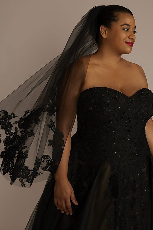 DB Studio Lace-Trimmed Black Tulle Mid-Length Veil