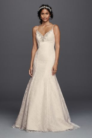all over beaded lace trumpet wedding dress