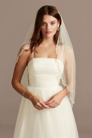 Pearl And Bead Scalloped Edge Tulle Fingertip Veil | David's Bridal