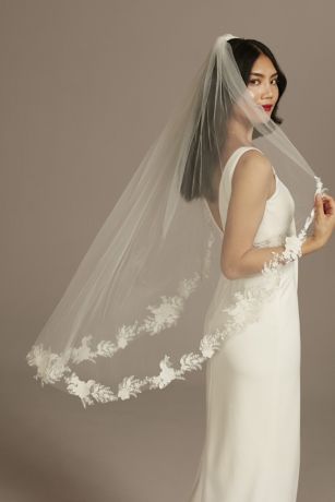 white and diamond white Bridal lace veil with beaded lace edge design in ivory 