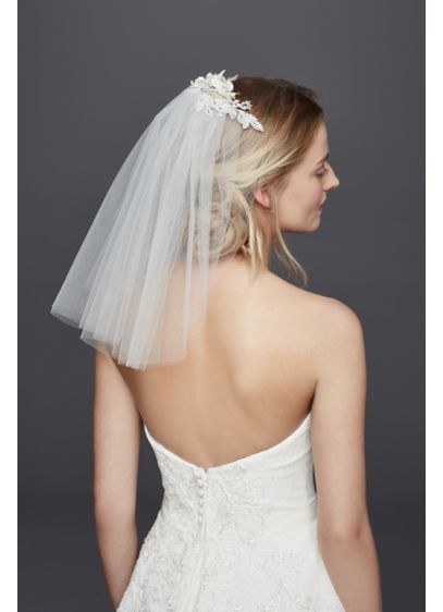 Short Veil with Lace Fabric Flowers David s Bridal Short Veil with Lace Fabric Flowers David s Bridal