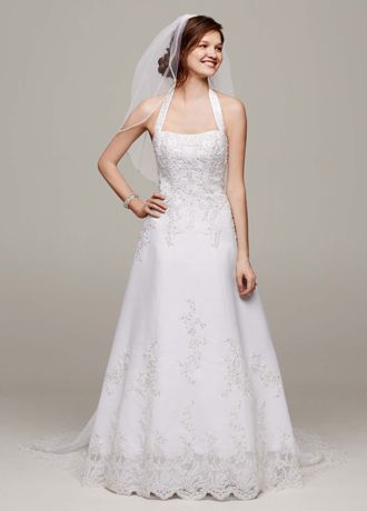 Satin Halter  A line  Wedding  Dress  with Beaded Lace David 