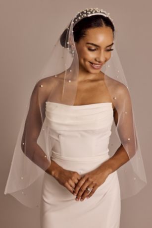 Pearl and Sequin Trimmed Tulle Mid-Length Veil | David's Bridal