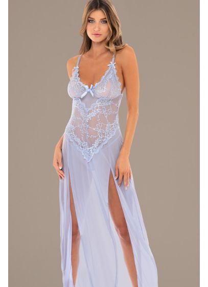 Long Floral Lace and Mesh Nightgown - Bring the drama in this sheer, floor-length chemise.