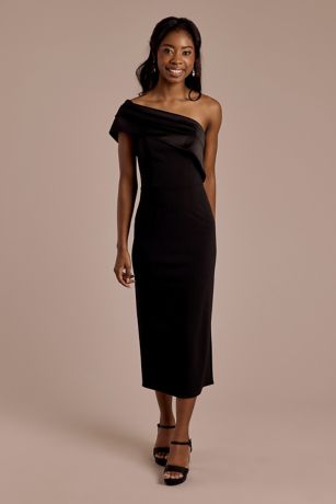 Picture of One-Shoulder Satin and Crepe Midi Sheath Dress