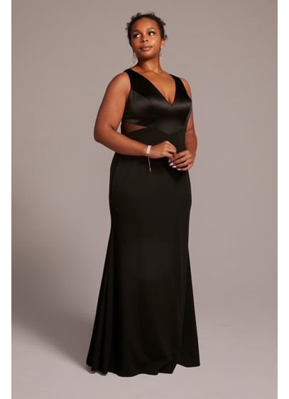 Plus Size Long Crepe Sheath Gown with Cutouts - This plus size crepe dress perfectly combines classy