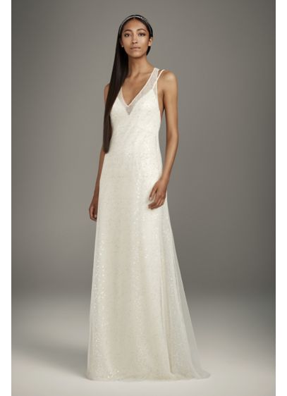 Satin Slip Dress With T Back Sequin Tulle Overlay David S Bridal