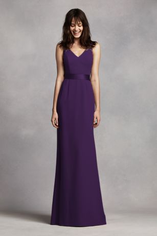 Long V Neck Crepe Gown with Open Back 